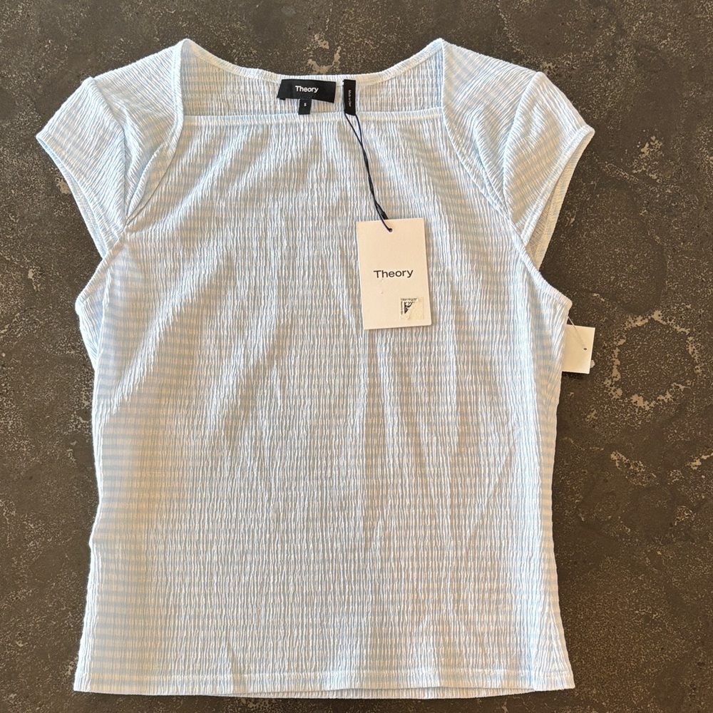 Theory Gingham Crinkled Drape Cap-Sleeve Top – Mist Multi – Size S – NWT